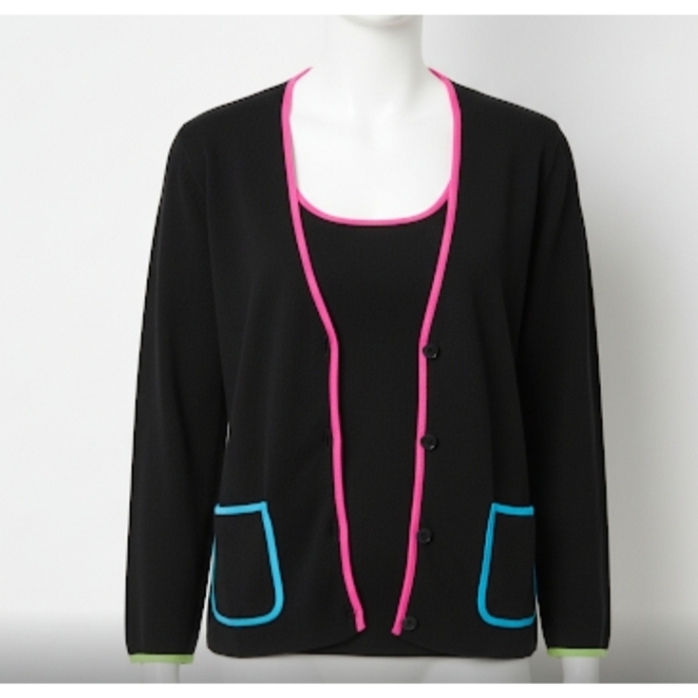 Cable & Gauge Black Cardigan And Tank Top Set with Pink and Blue Trim, M, NWT ✔️
